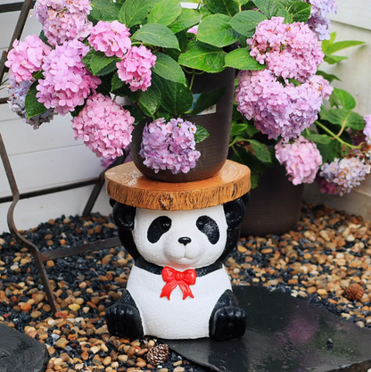 panda holding wood above head stool