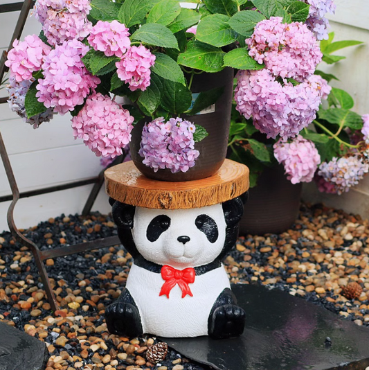 panda holding wood above head stool